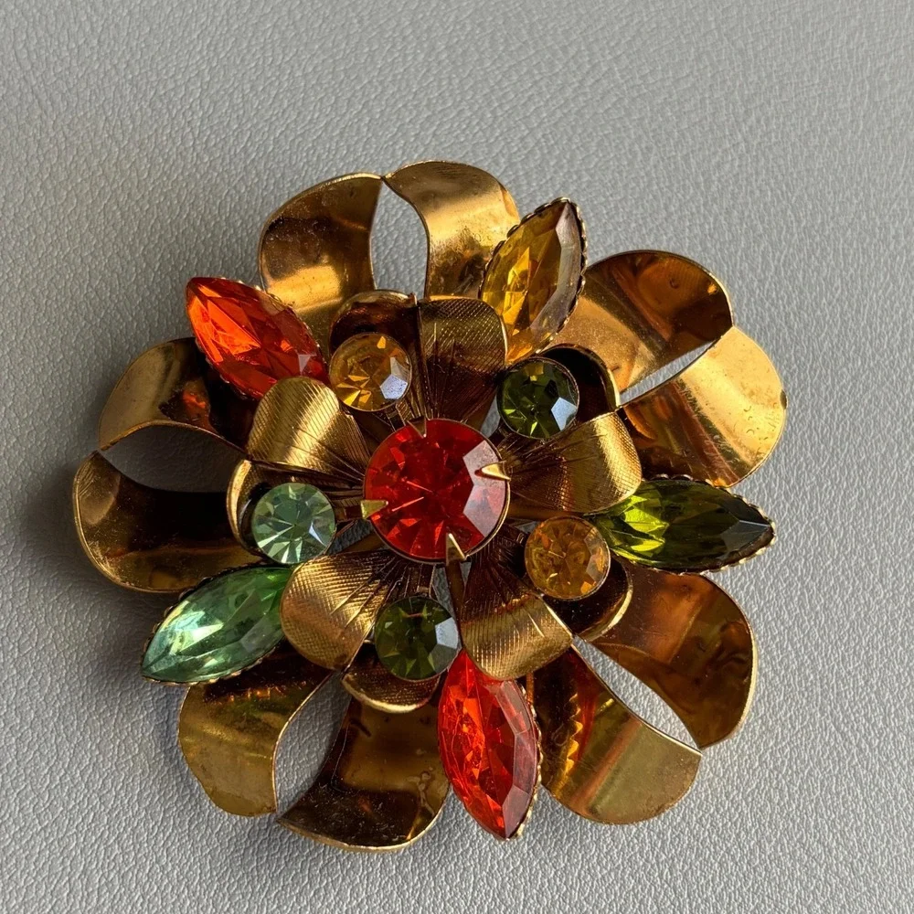 Vintage Brooch Rhinestone Gold Tone Floral Fall Color 2